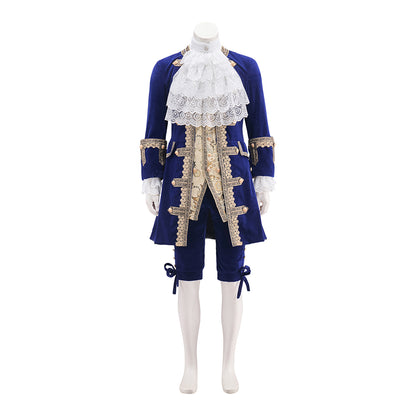 Medieval Royal Blue Velvet Court Suit with Gold Trimmed Details for Historical Reenactments Costume Galas Halloween and Christmas
