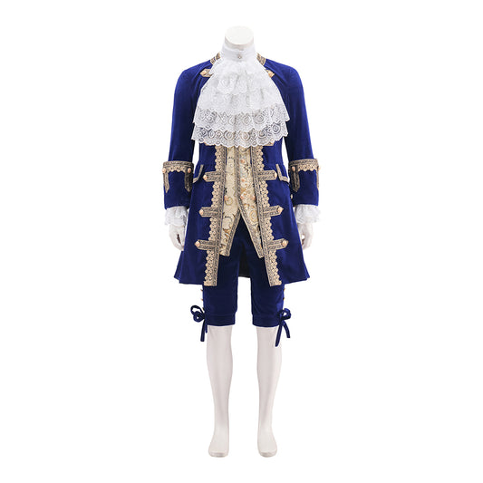Medieval Royal Blue Velvet Court Suit with Gold Trimmed Details for Historical Reenactments Costume Galas Halloween and Christmas