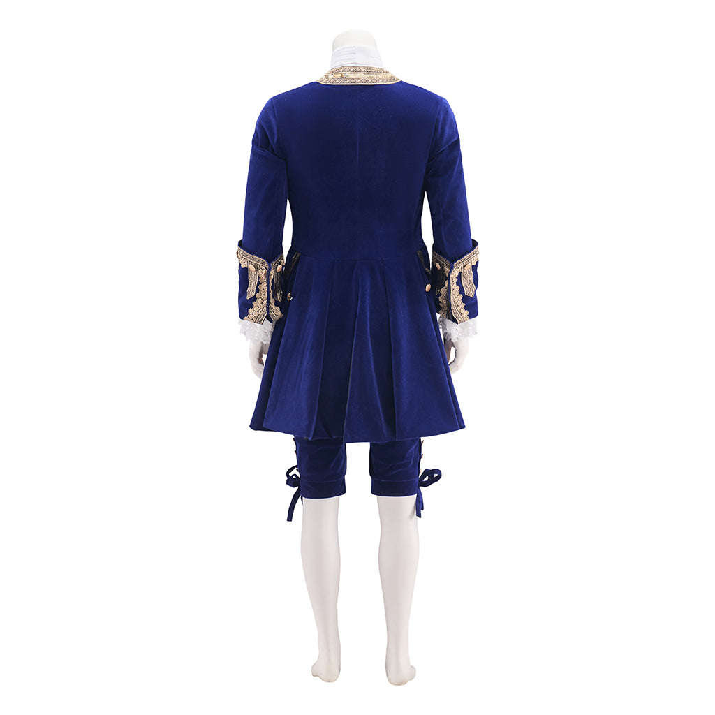 Medieval Royal Blue Velvet Court Suit with Gold Trimmed Details for Historical Reenactments Costume Galas Halloween and Christmas