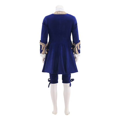 Medieval Royal Blue Velvet Court Suit with Gold Trimmed Details for Historical Reenactments Costume Galas Halloween and Christmas