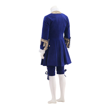 Medieval Royal Blue Velvet Court Suit with Gold Trimmed Details for Historical Reenactments Costume Galas Halloween and Christmas