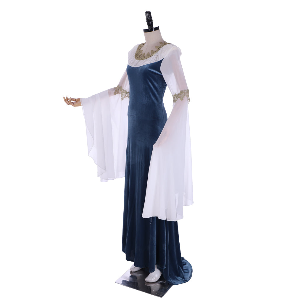 Medieval Costume Handmade Historical Dress Retro Fairy Elf Dark Blue Velvet Gown with Chiffon Sleeves Women Viking Blue Cosplay Costume Adult Renaissance Norse Gothic Flowy Bell - Sleeve Maxi Gown Ladies Halloween Dress