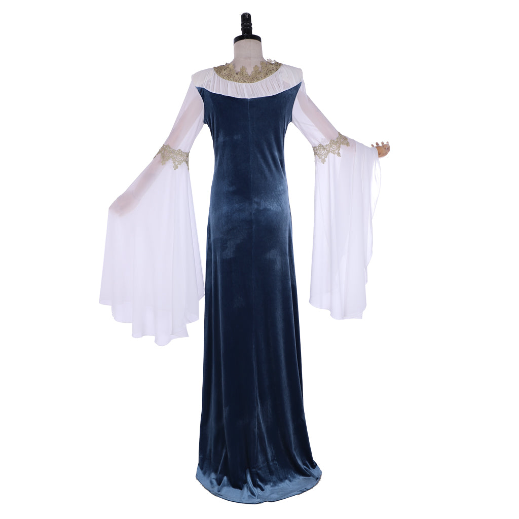 Medieval Costume Handmade Historical Dress Retro Fairy Elf Dark Blue Velvet Gown with Chiffon Sleeves Women Viking Blue Cosplay Costume Adult Renaissance Norse Gothic Flowy Bell - Sleeve Maxi Gown Ladies Halloween Dress