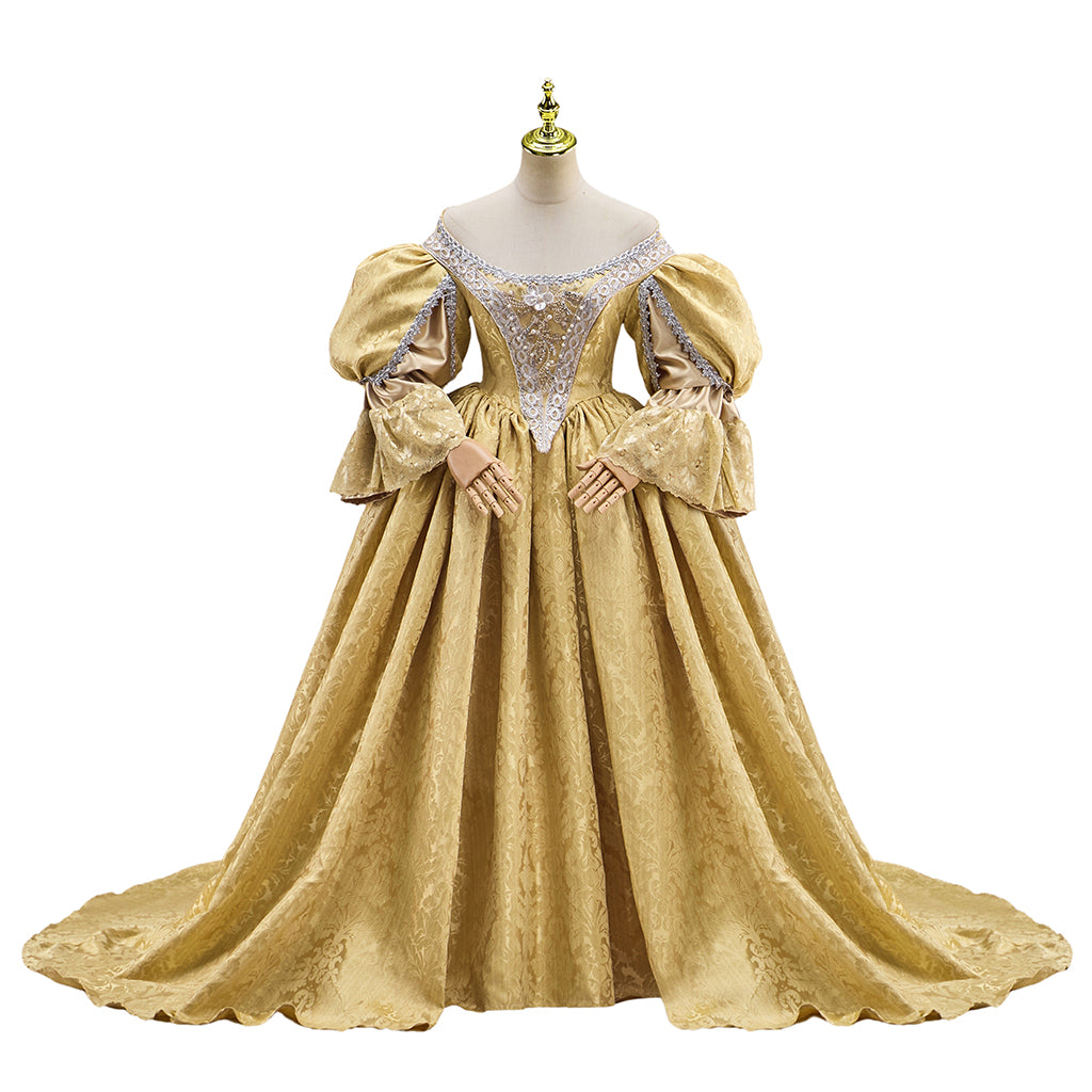 Rococo Victorian Medieval Golden Gown with Puffed Sleeves Court Style Neckline and Full Skirt for Historical Reenactments Halloween and Christmas