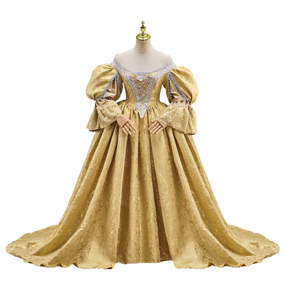 Rococo Victorian Medieval Golden Gown with Puffed Sleeves Court Style Neckline and Full Skirt for Historical Reenactments Halloween and Christmas
