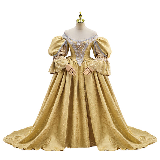 Rococo Victorian Medieval Golden Gown with Puffed Sleeves Court Style Neckline and Full Skirt for Historical Reenactments Halloween and Christmas