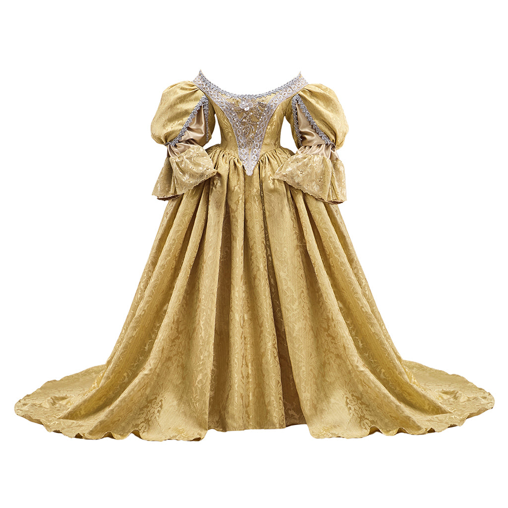 Rococo Victorian Medieval Golden Gown with Puffed Sleeves Court Style Neckline and Full Skirt for Historical Reenactments Halloween and Christmas