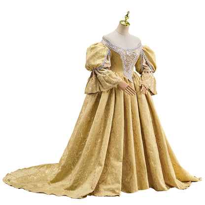 Rococo Victorian Medieval Golden Gown with Puffed Sleeves Court Style Neckline and Full Skirt for Historical Reenactments Halloween and Christmas