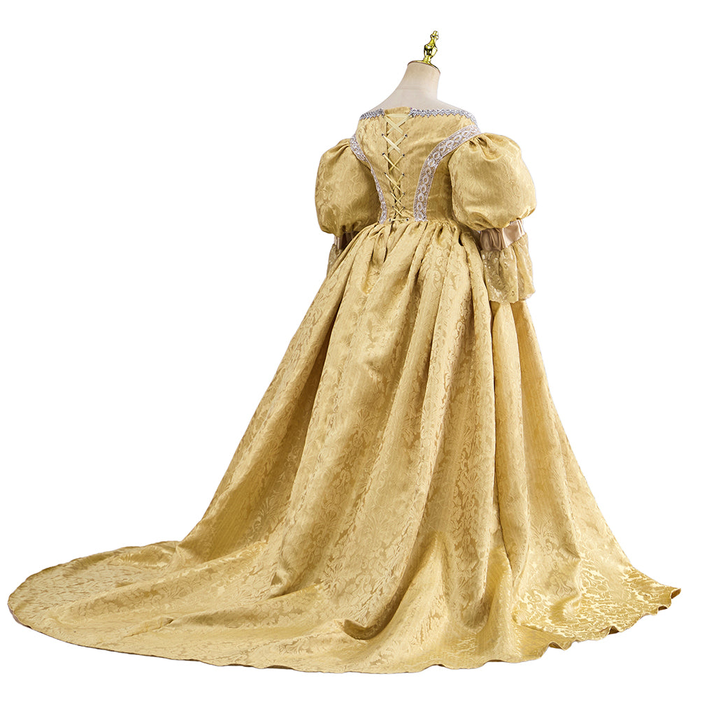 Rococo Victorian Medieval Golden Gown with Puffed Sleeves Court Style Neckline and Full Skirt for Historical Reenactments Halloween and Christmas