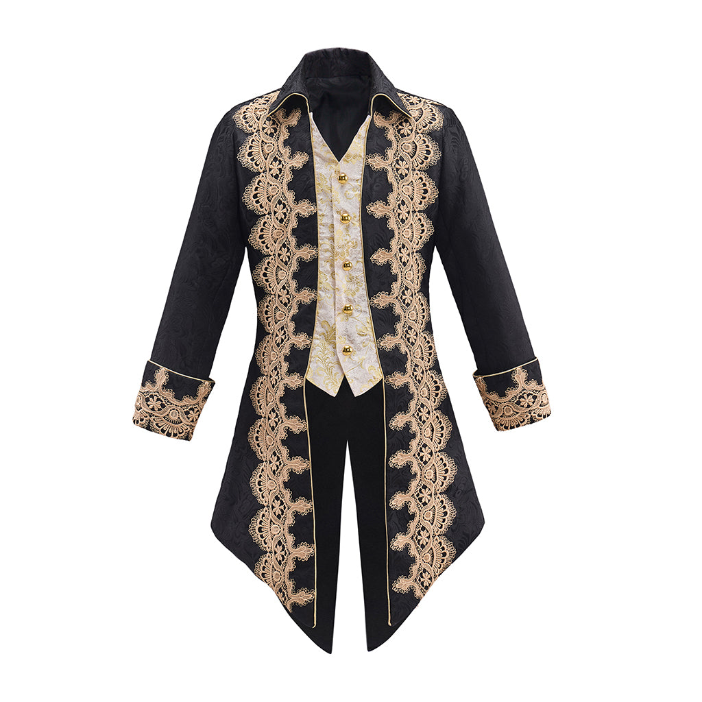Medieval Black Velvet Gold Embroidered Tailcoat for Historical Reenactments Medieval Themed Events Halloween and Christmas Celebrations