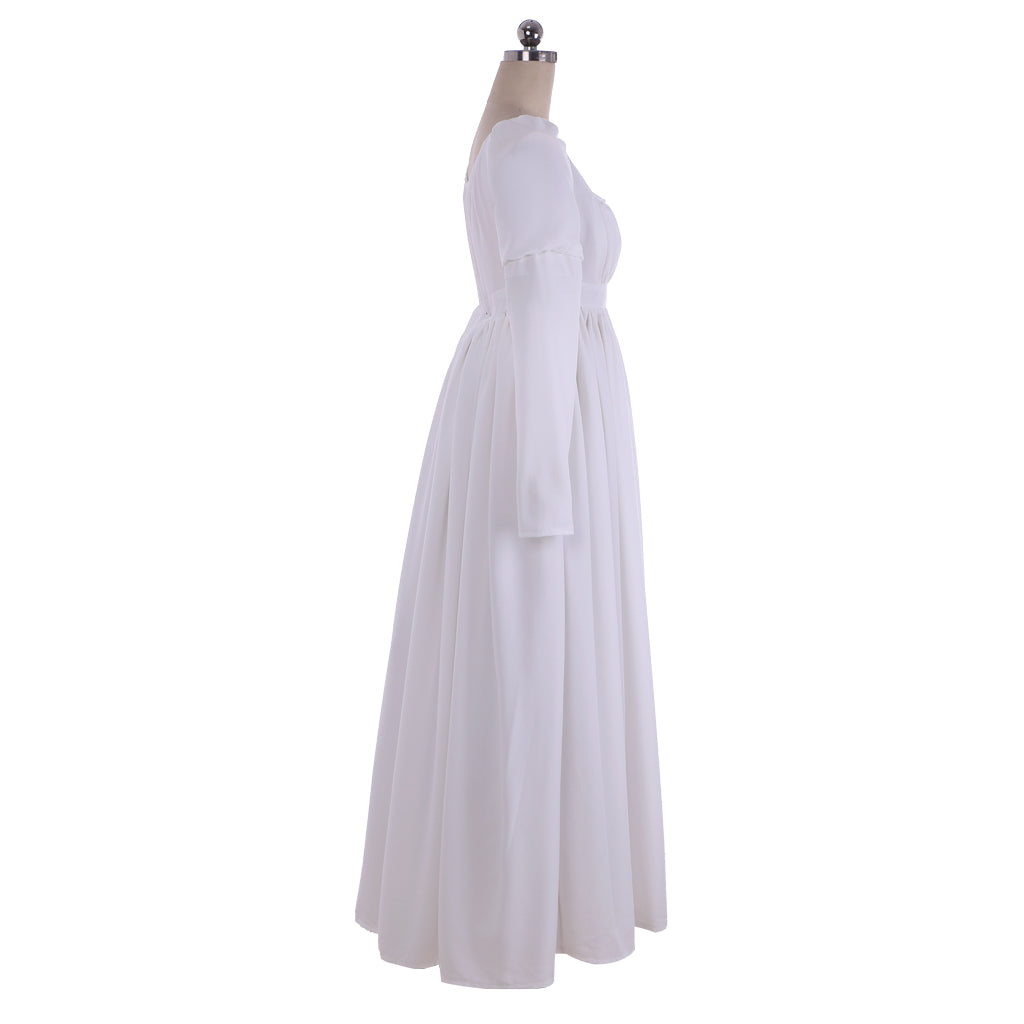 Medieval White Regency Dress Empire Waist Jane Austen Dress Tea Party Medieval Vintage Ball Gown Costume Retro Renaissance White Flowy Square Neck Long Sleeve Maxi Dress Women Cosplay Costume Adult Ladies Halloween Gown