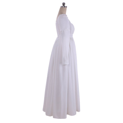 Medieval White Regency Dress Empire Waist Jane Austen Dress Tea Party Medieval Vintage Ball Gown Costume Retro Renaissance White Flowy Square Neck Long Sleeve Maxi Dress Women Cosplay Costume Adult Ladies Halloween Gown