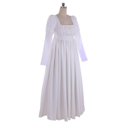Medieval White Regency Dress Empire Waist Jane Austen Dress Tea Party Medieval Vintage Ball Gown Costume Retro Renaissance White Flowy Square Neck Long Sleeve Maxi Dress Women Cosplay Costume Adult Ladies Halloween Gown