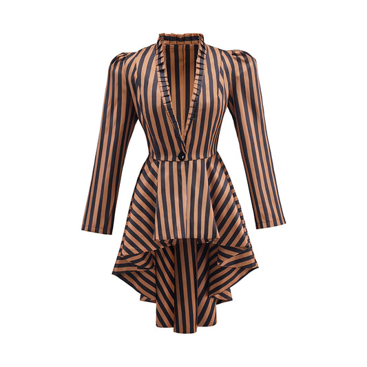 Medieval Brown Black Striped Stand Collar Tailored  Coat for Medieval Themed Gatherings Renaissance Halloween and Christmas