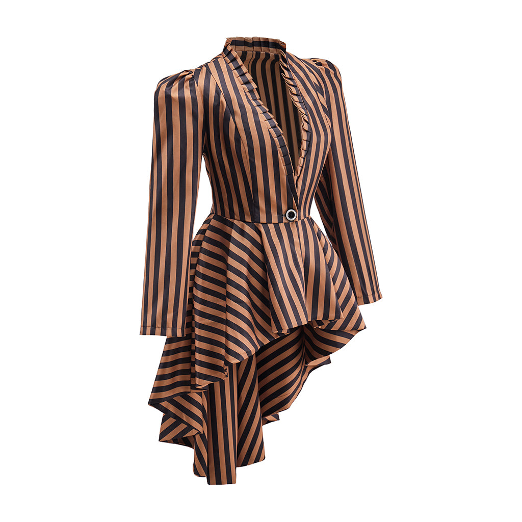Medieval Brown Black Striped Stand Collar Tailored  Coat for Medieval Themed Gatherings Renaissance Halloween and Christmas