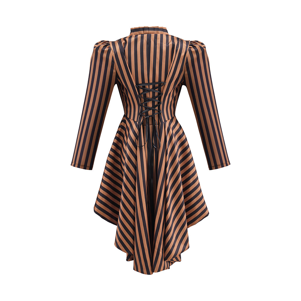 Medieval Brown Black Striped Stand Collar Tailored  Coat for Medieval Themed Gatherings Renaissance Halloween and Christmas