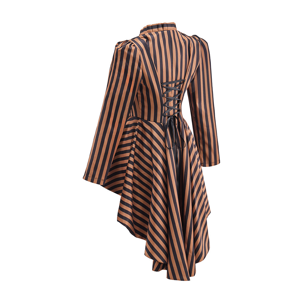 Medieval Brown Black Striped Stand Collar Tailored  Coat for Medieval Themed Gatherings Renaissance Halloween and Christmas