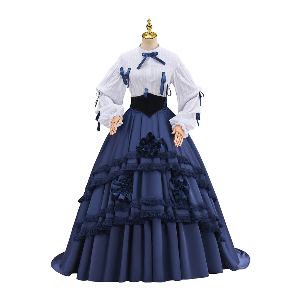 Victorian White Blouse and Navy Blue Ruffled Tiered Ball Gown Set for Historical Reenactments Victorian Themed Events Halloween and Christmas