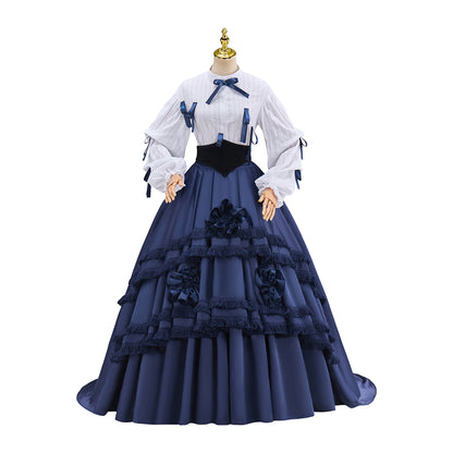 Victorian White Blouse and Navy Blue Ruffled Tiered Ball Gown Set for Historical Reenactments Victorian Themed Events Halloween and Christmas