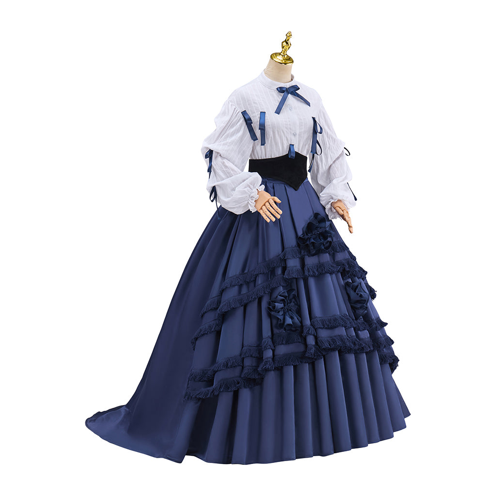 Victorian White Blouse and Navy Blue Ruffled Tiered Ball Gown Set for Historical Reenactments Victorian Themed Events Halloween and Christmas