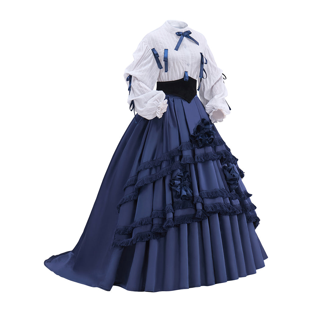 Victorian White Blouse and Navy Blue Ruffled Tiered Ball Gown Set for Historical Reenactments Victorian Themed Events Halloween and Christmas