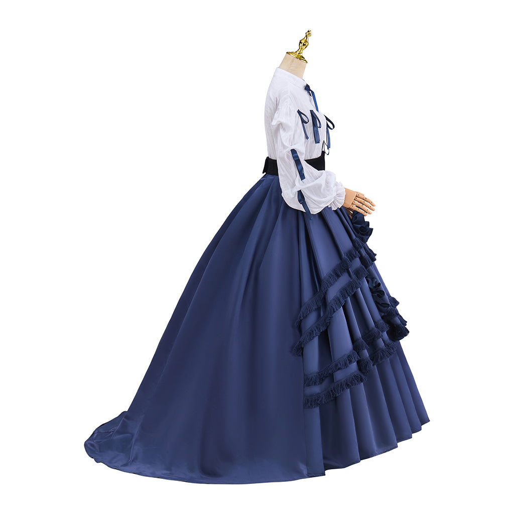 Victorian White Blouse and Navy Blue Ruffled Tiered Ball Gown Set for Historical Reenactments Victorian Themed Events Halloween and Christmas
