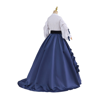 Victorian White Blouse and Navy Blue Ruffled Tiered Ball Gown Set for Historical Reenactments Victorian Themed Events Halloween and Christmas