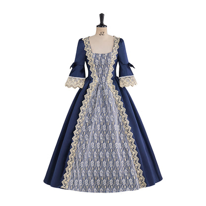 Victorian Navy Blue and White Patterned Square Neck Puff Trimmed Sleeves for Historical Reenactments Halloween and Christmas