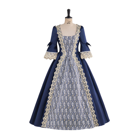 Victorian Navy Blue and White Patterned Square Neck Puff Trimmed Sleeves for Historical Reenactments Halloween and Christmas