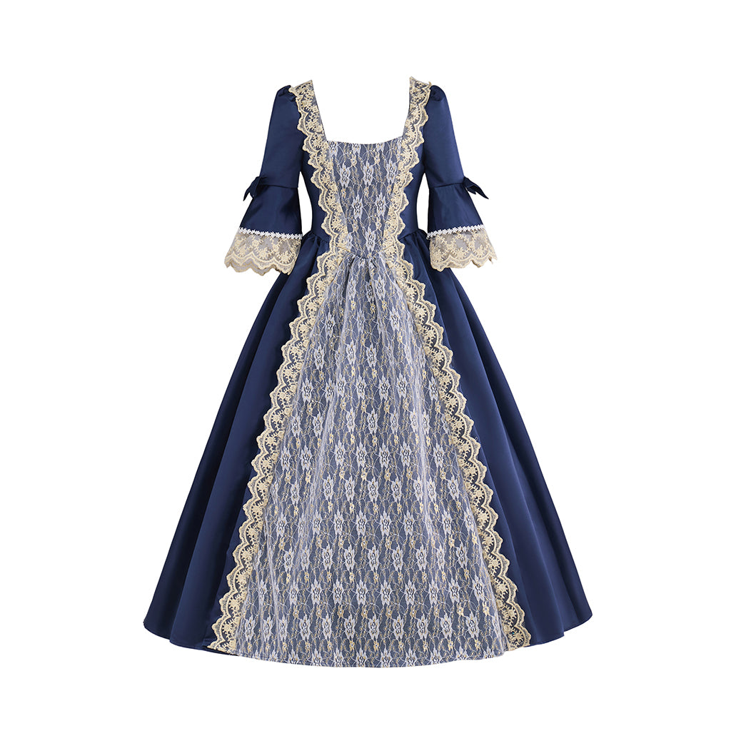 Victorian Navy Blue and White Patterned Square Neck Puff Trimmed Sleeves for Historical Reenactments Halloween and Christmas