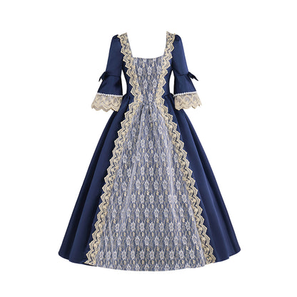 Victorian Navy Blue and White Patterned Square Neck Puff Trimmed Sleeves for Historical Reenactments Halloween and Christmas