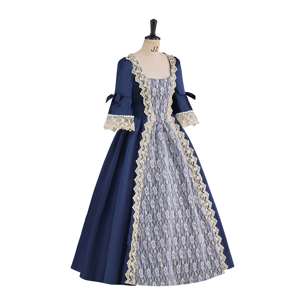 Victorian Navy Blue and White Patterned Square Neck Puff Trimmed Sleeves for Historical Reenactments Halloween and Christmas