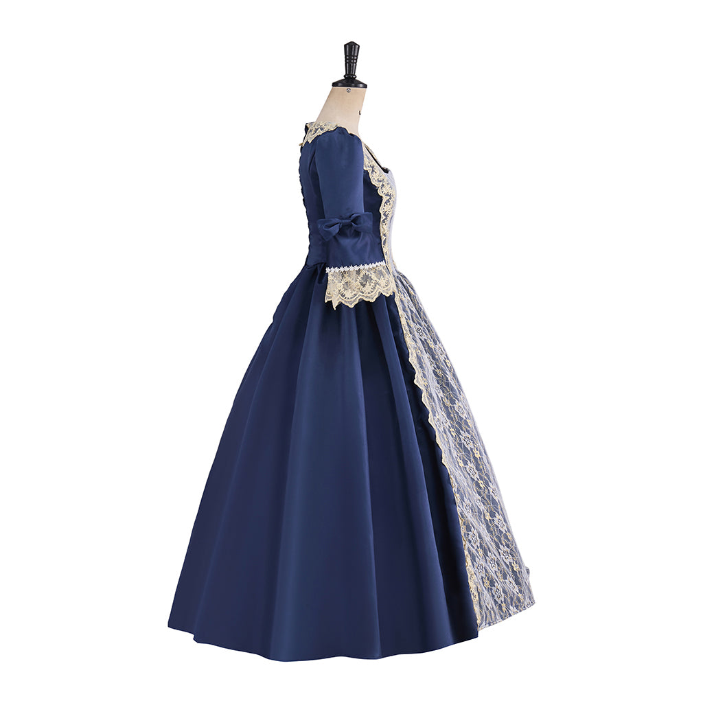 Victorian Navy Blue and White Patterned Square Neck Puff Trimmed Sleeves for Historical Reenactments Halloween and Christmas