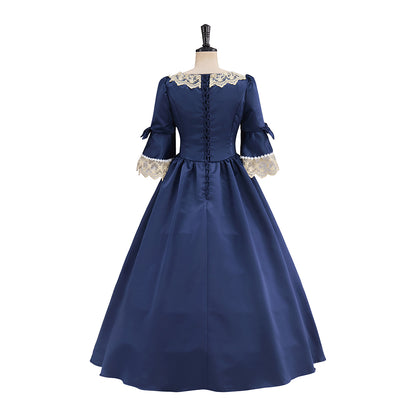 Victorian Navy Blue and White Patterned Square Neck Puff Trimmed Sleeves for Historical Reenactments Halloween and Christmas