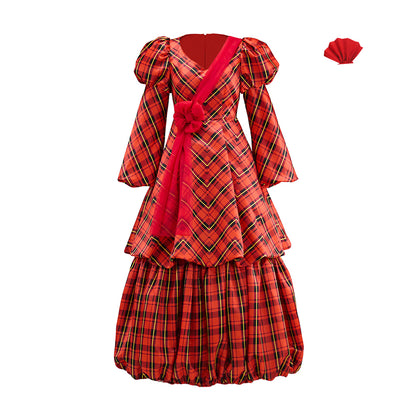 Victorian Red Plaid Long Sleeve V Neck Tiered Gown with Matching Headpiece for Historical Reenactments Halloween and Christmas