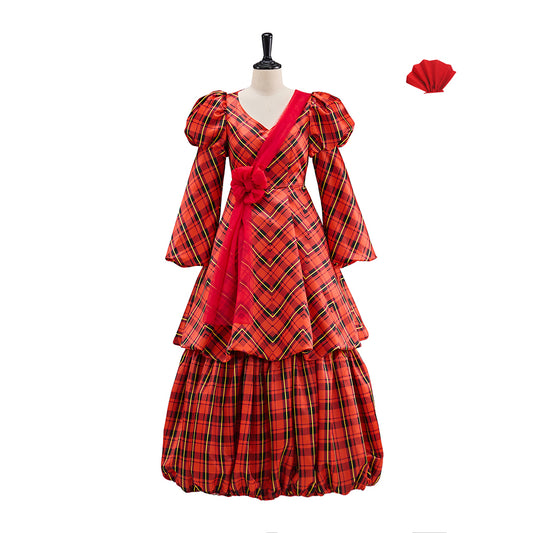 Victorian Red Plaid Long Sleeve V Neck Tiered Gown with Matching Headpiece for Historical Reenactments Halloween and Christmas