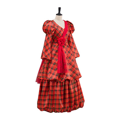 Victorian Red Plaid Long Sleeve V Neck Tiered Gown with Matching Headpiece for Historical Reenactments Halloween and Christmas