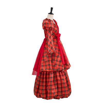 Victorian Red Plaid Long Sleeve V Neck Tiered Gown with Matching Headpiece for Historical Reenactments Halloween and Christmas