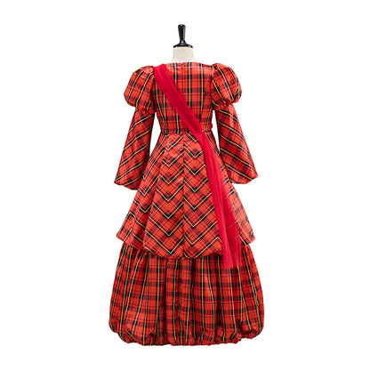 Victorian Red Plaid Long Sleeve V Neck Tiered Gown with Matching Headpiece for Historical Reenactments Halloween and Christmas