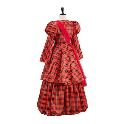 Victorian Red Plaid Long Sleeve V Neck Tiered Gown with Matching Headpiece for Historical Reenactments Halloween and Christmas