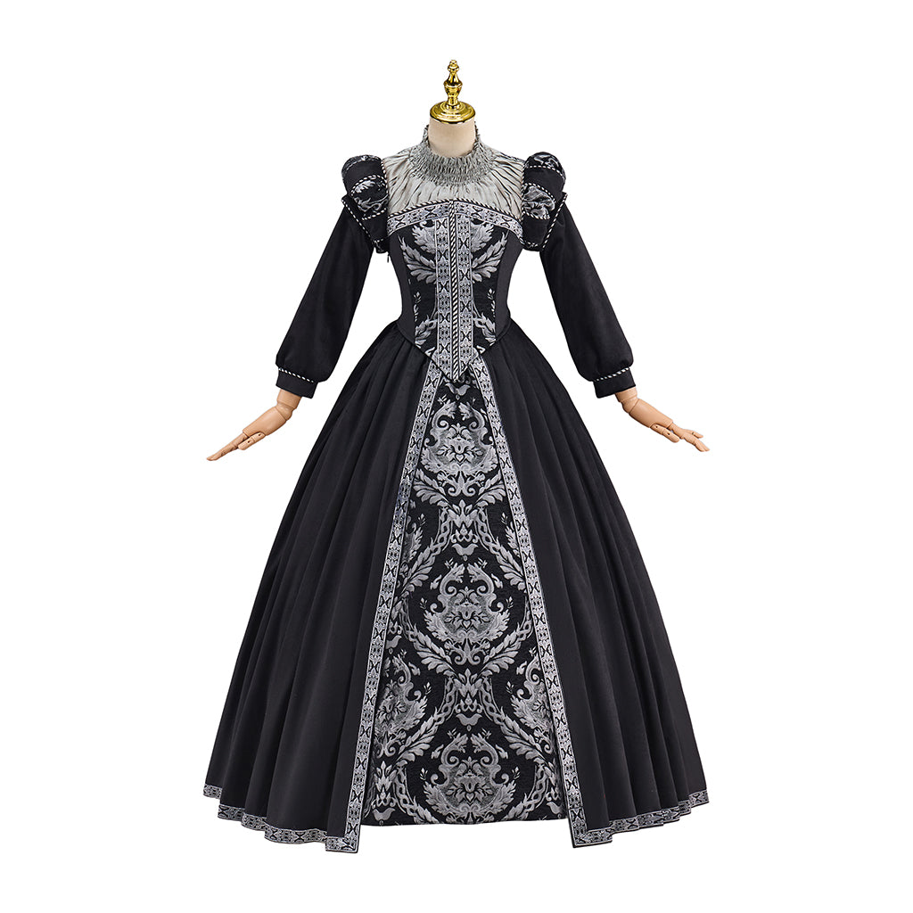 Victorian Black Ornate White Embroidered Ball Gown for Historical Reenactments Victorian Themed Events Halloween and Christmas Celebrations