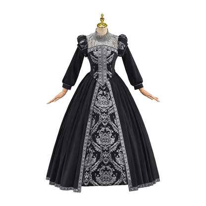 Victorian Black Ornate White Embroidered Ball Gown for Historical Reenactments Victorian Themed Events Halloween and Christmas Celebrations