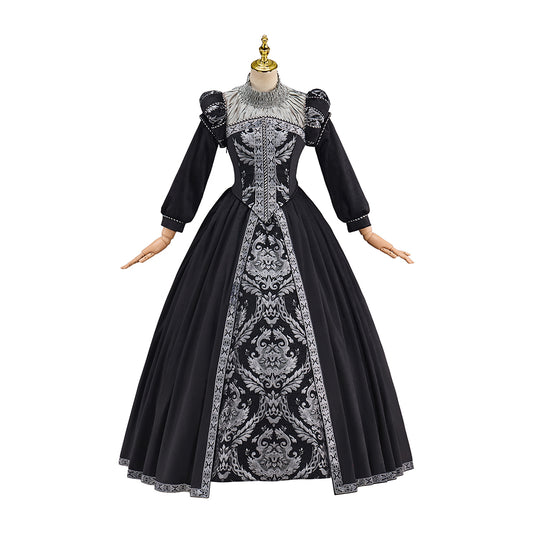 Victorian Black Ornate White Embroidered Ball Gown for Historical Reenactments Victorian Themed Events Halloween and Christmas Celebrations