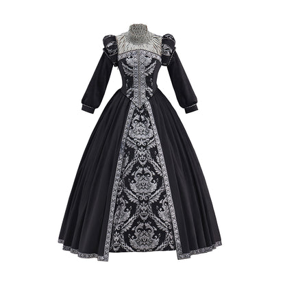 Victorian Black Ornate White Embroidered Ball Gown for Historical Reenactments Victorian Themed Events Halloween and Christmas Celebrations