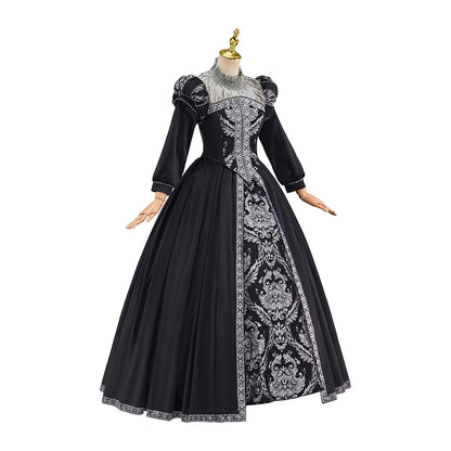 Victorian Black Ornate White Embroidered Ball Gown for Historical Reenactments Victorian Themed Events Halloween and Christmas Celebrations