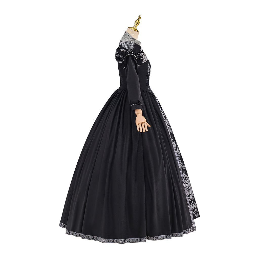 Victorian Black Ornate White Embroidered Ball Gown for Historical Reenactments Victorian Themed Events Halloween and Christmas Celebrations