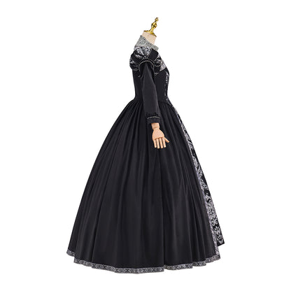 Victorian Black Ornate White Embroidered Ball Gown for Historical Reenactments Victorian Themed Events Halloween and Christmas Celebrations