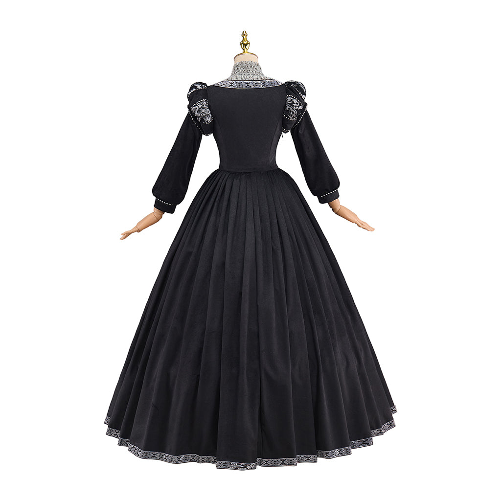 Victorian Black Ornate White Embroidered Ball Gown for Historical Reenactments Victorian Themed Events Halloween and Christmas Celebrations