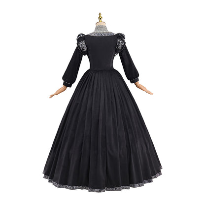 Victorian Black Ornate White Embroidered Ball Gown for Historical Reenactments Victorian Themed Events Halloween and Christmas Celebrations