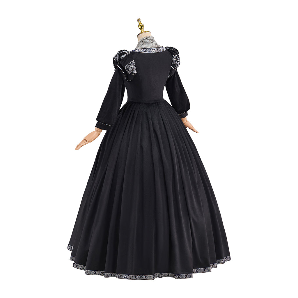 Victorian Black Ornate White Embroidered Ball Gown for Historical Reenactments Victorian Themed Events Halloween and Christmas Celebrations